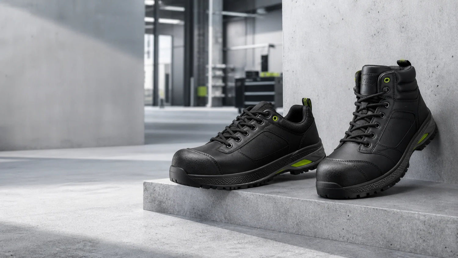 Black low-top and high-top steel toe work shoes in a modern industrial setting