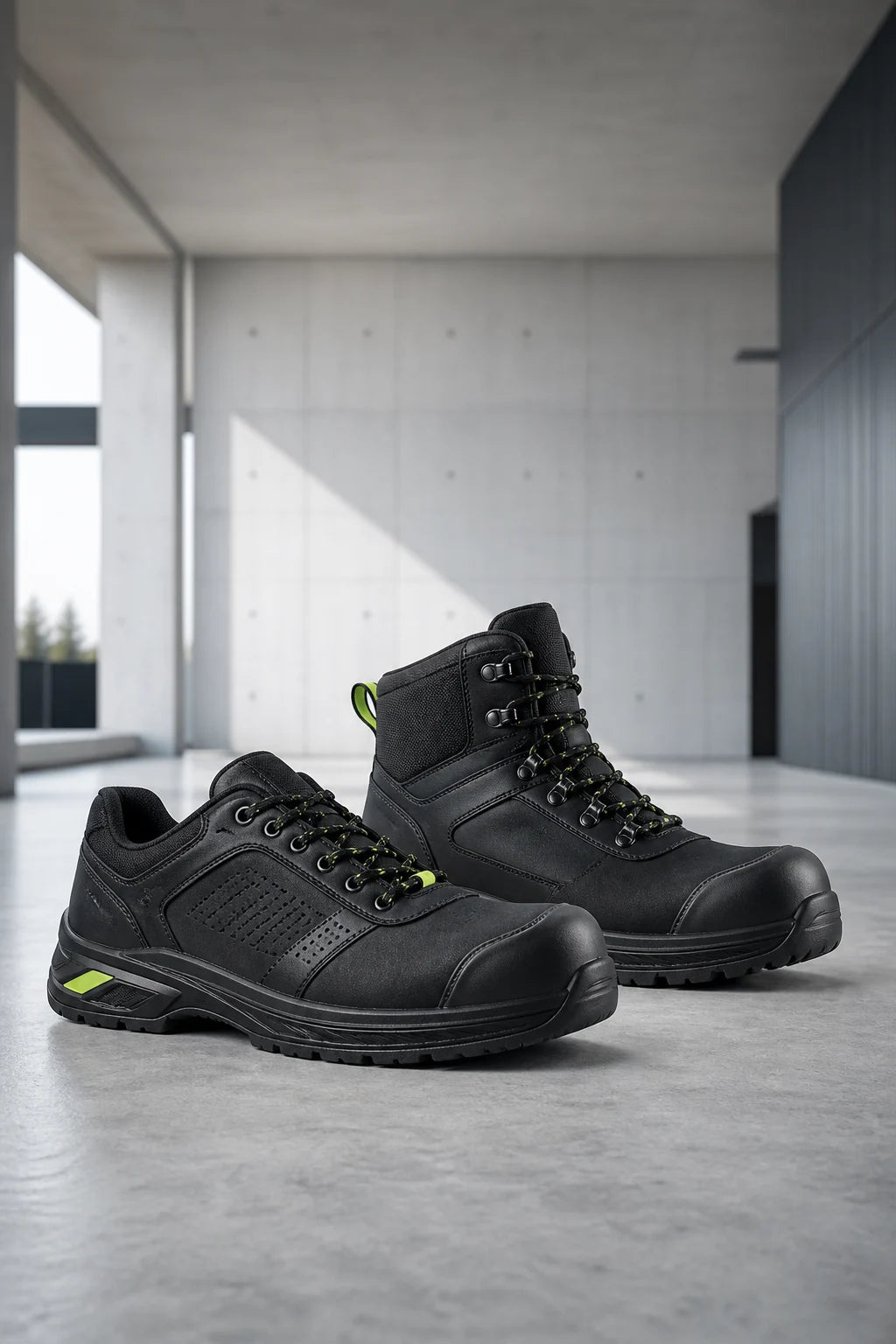 Black steel toe safety shoes displayed in a bright modern industrial interior